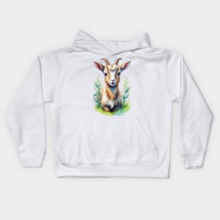 Pastoral Playmate: Watercolor Goat Portrait Kids Hoodie